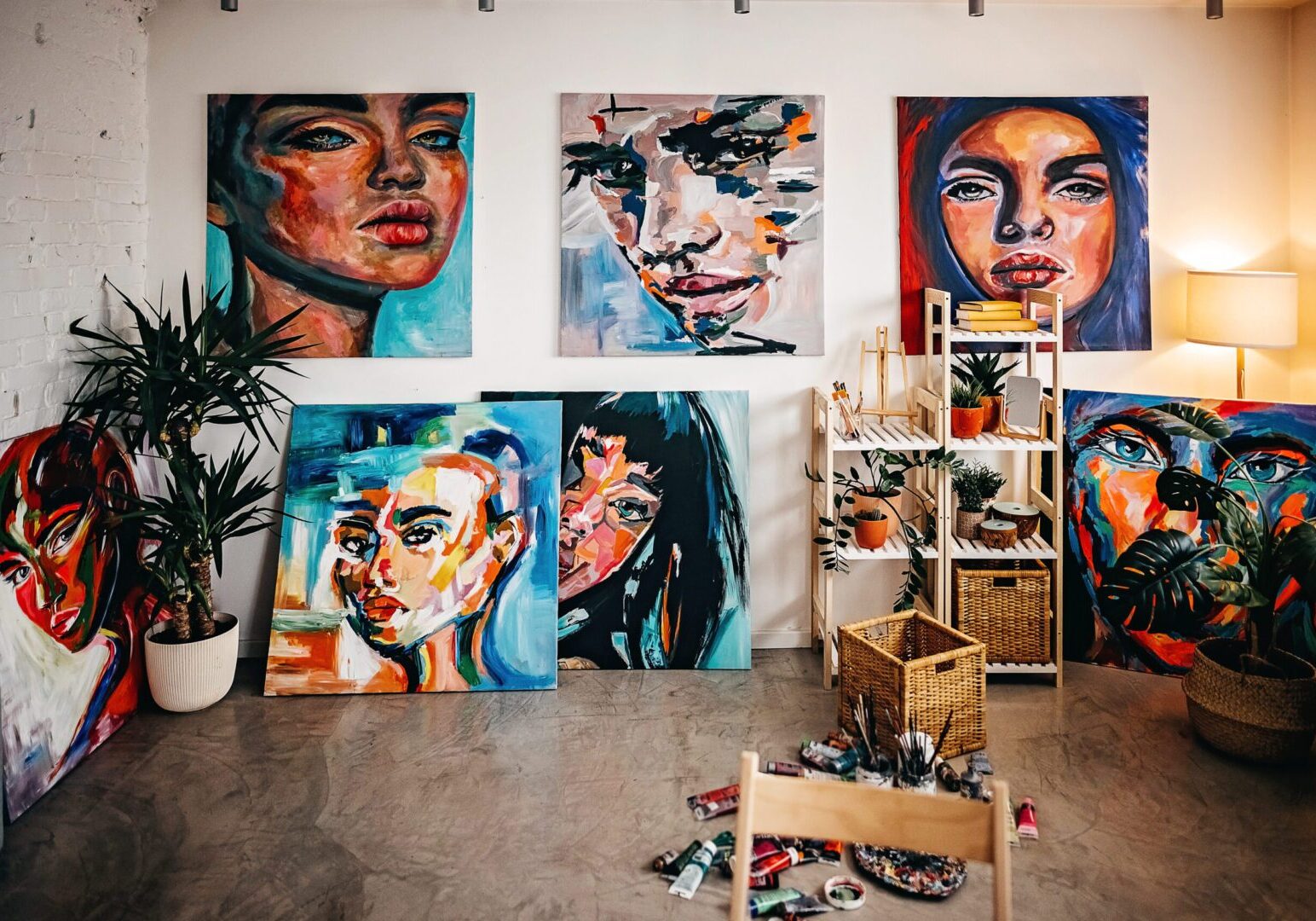 Art studio with colorful portrait paintings.